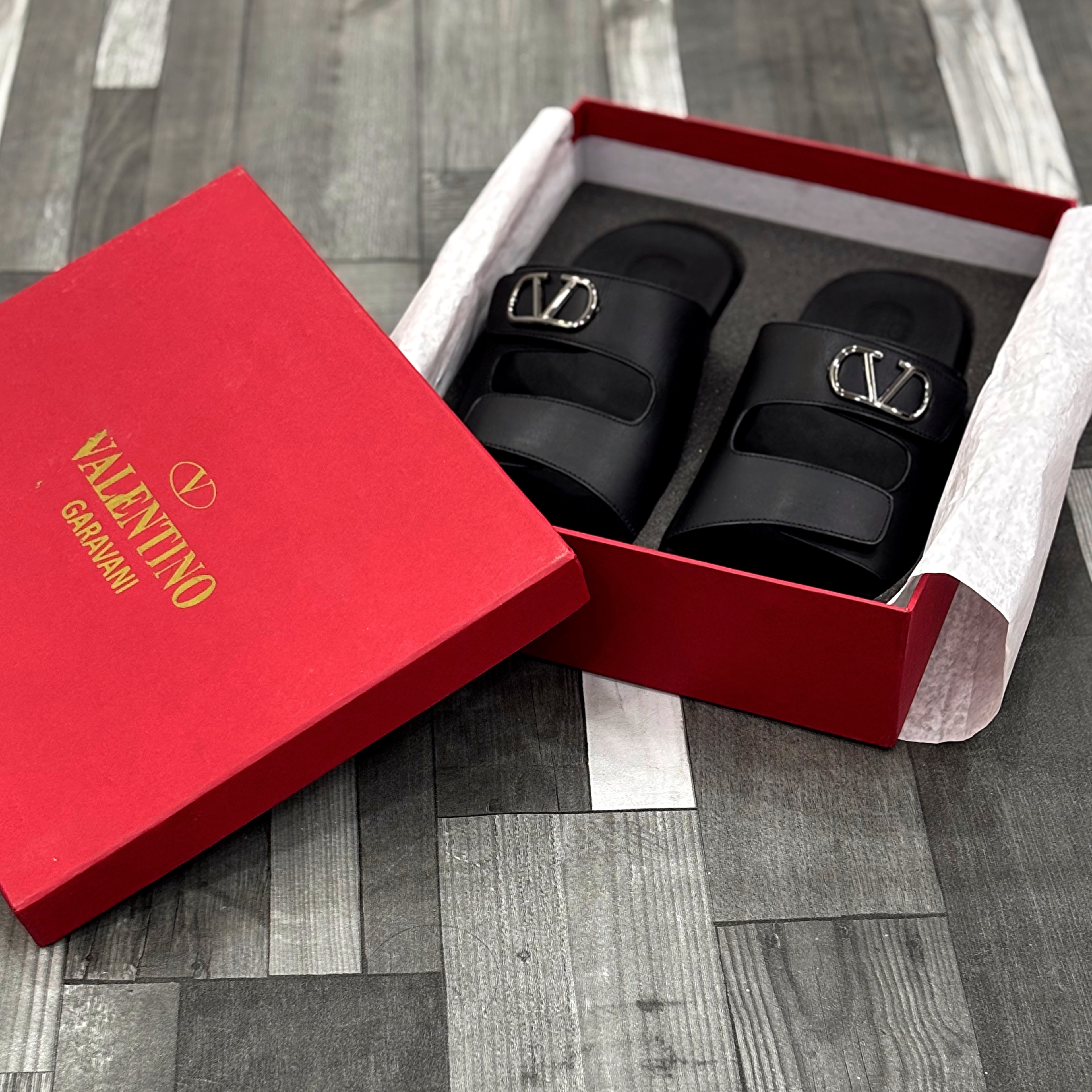 Vltn Leather Slides (Black) Genuine Cow Leather