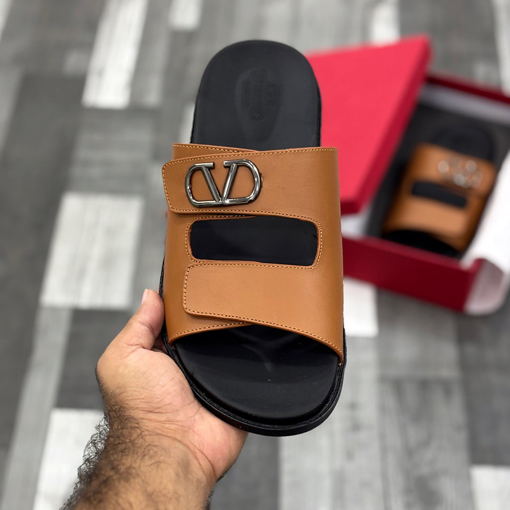 Vltn Leather Slides (Mustard) Genuine Cow Leather