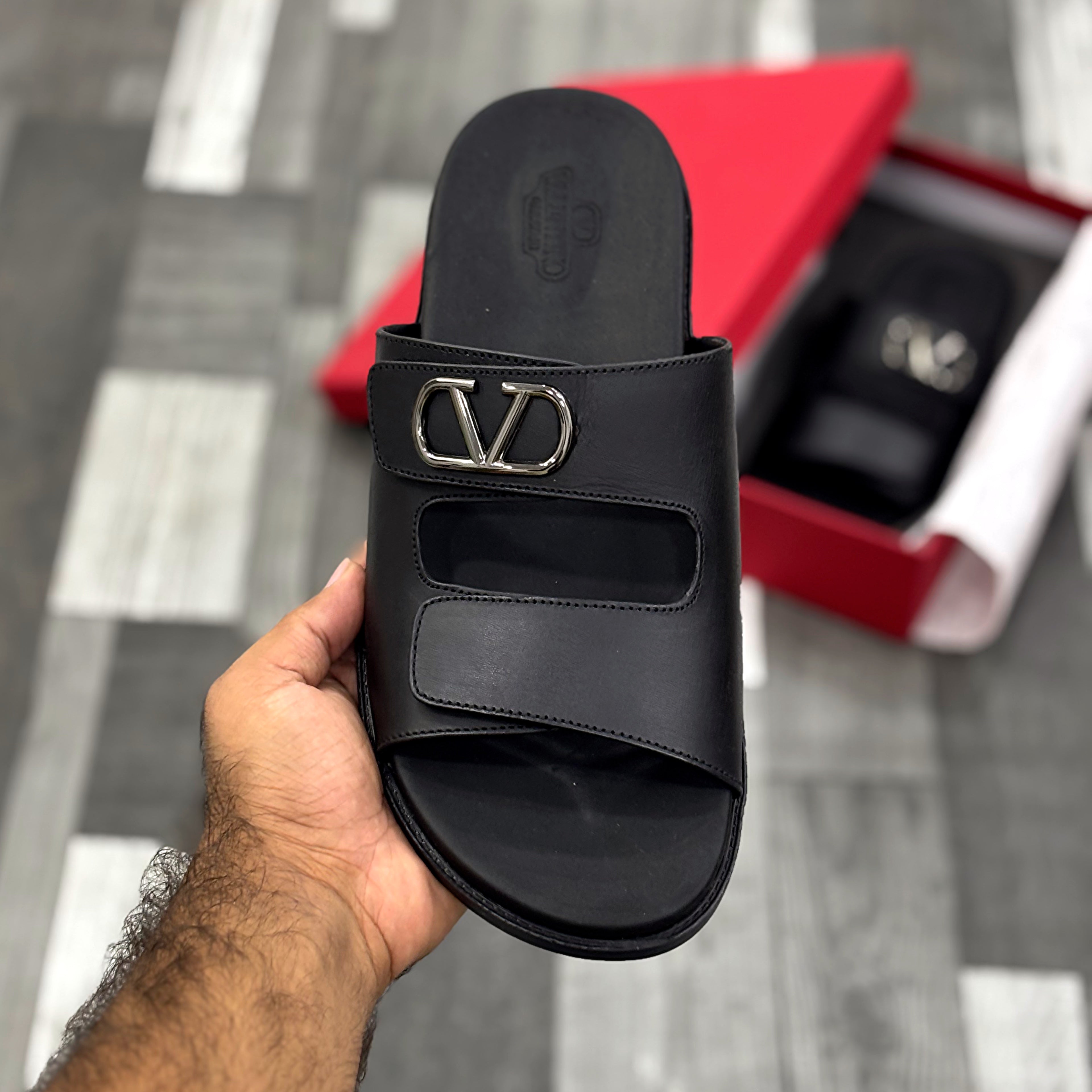 Vltn Leather Slides (Black) Genuine Cow Leather