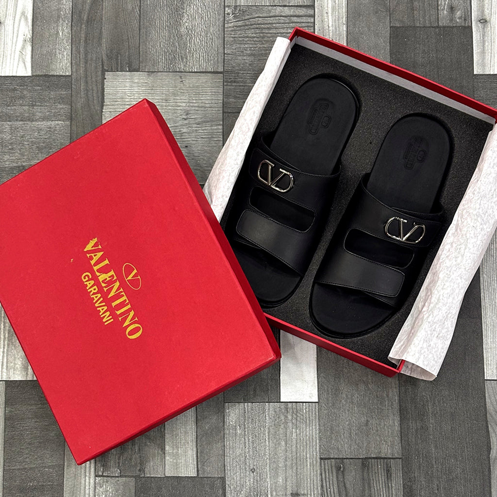 Vltn Leather Slides (Black) Genuine Cow Leather