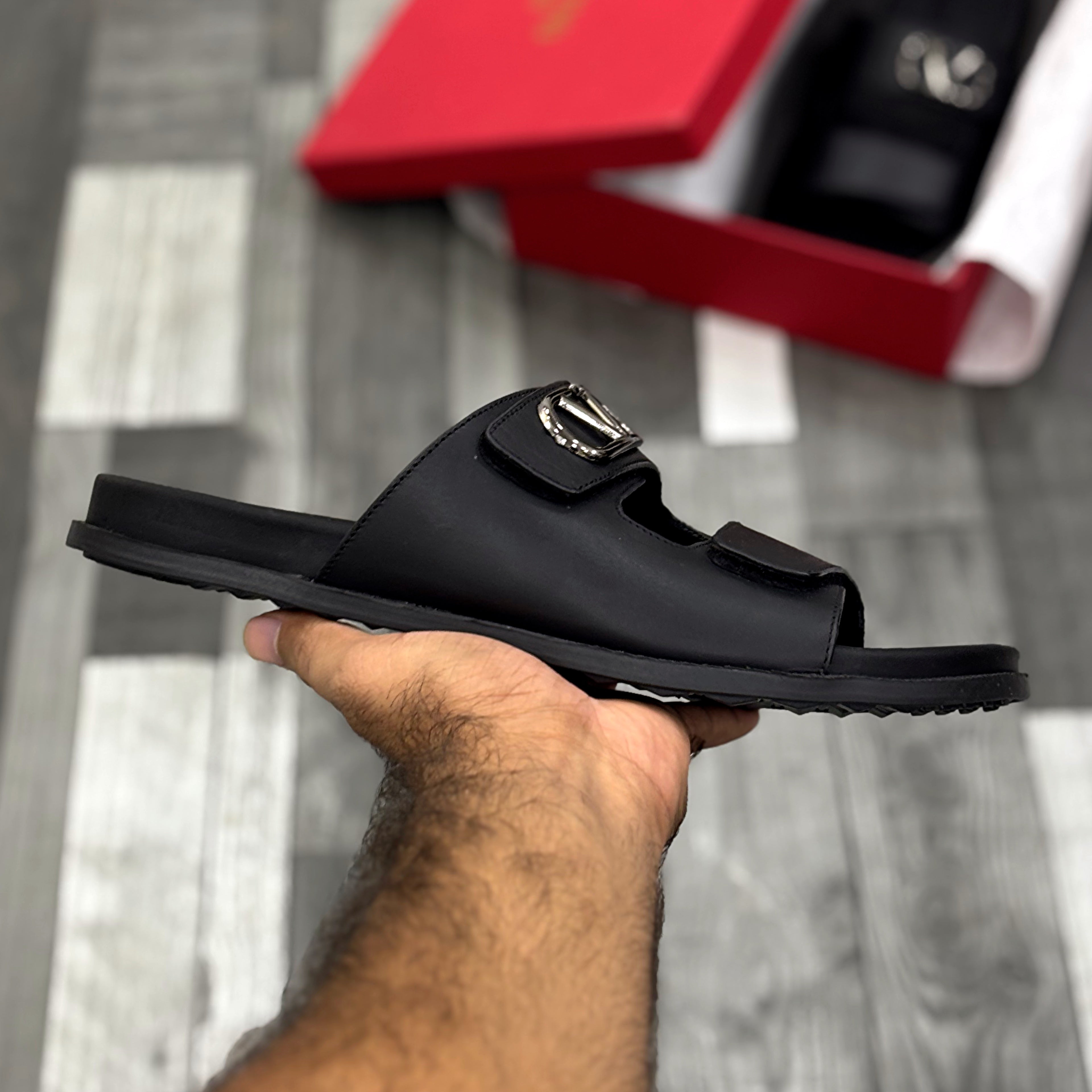 Vltn Leather Slides (Black) Genuine Cow Leather