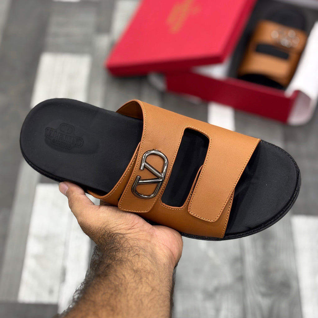 Vltn Leather Slides (Mustard) Genuine Cow Leather