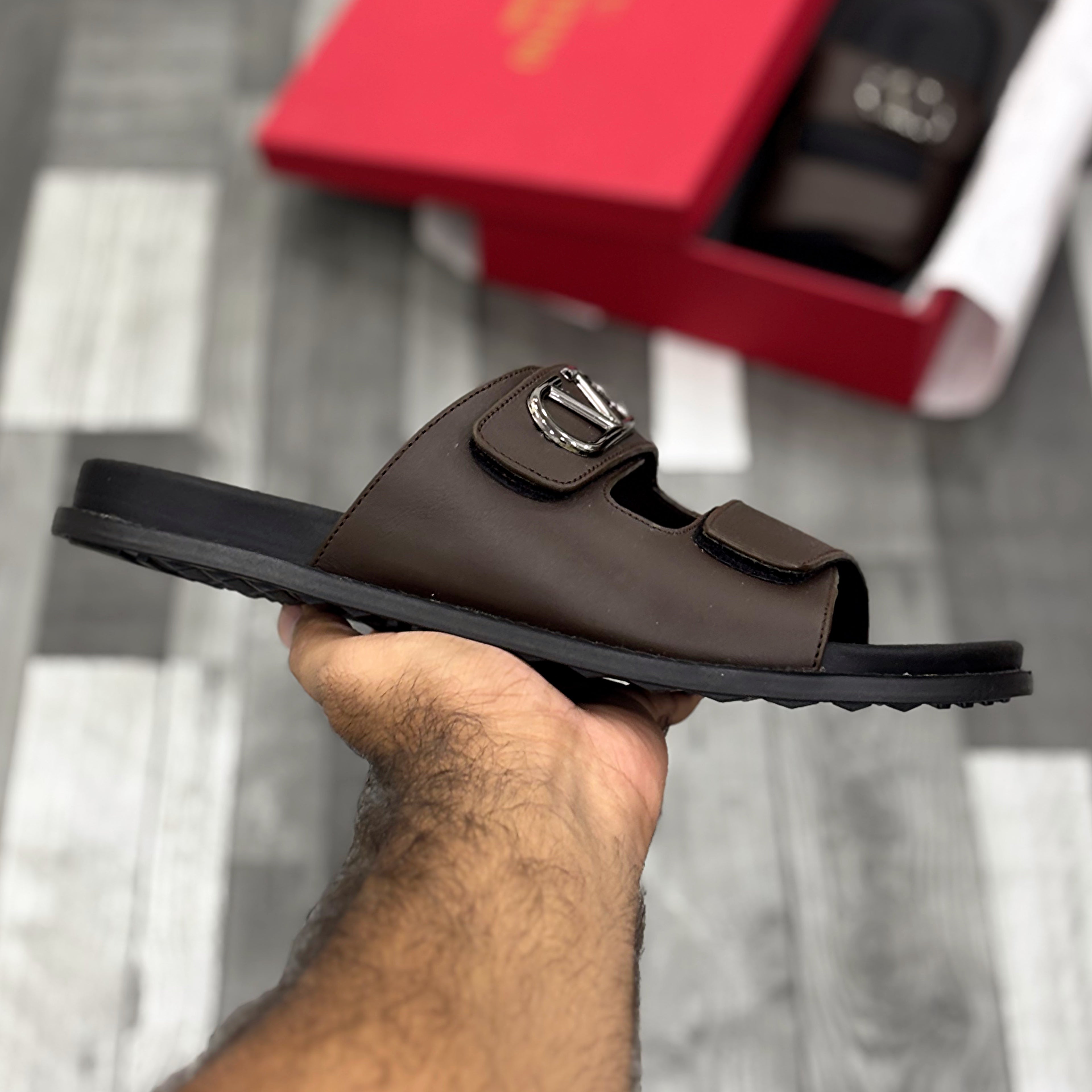 Vltn Leather Slides (Dark Brown) Genuine Cow Leather