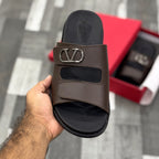 Vltn Leather Slides (Dark Brown) Genuine Cow Leather